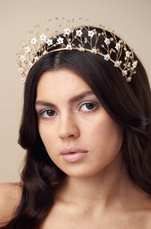 Delicate crystal flower crown in gold and ivory