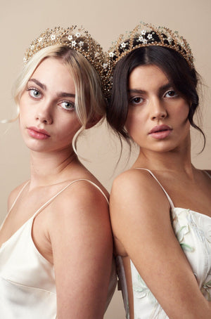 Large and Small Coraline crowns together in antique gold and green with gold