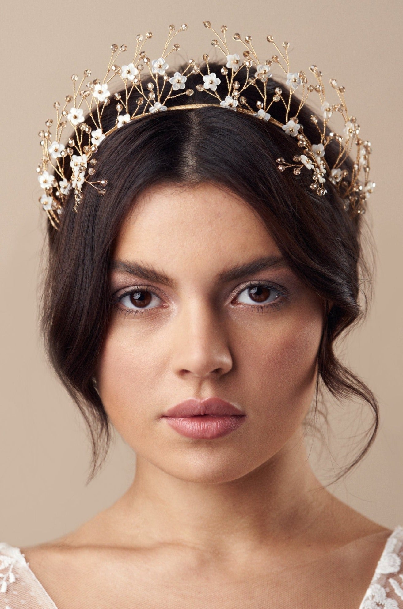 Boho crystal flower crown in gold and ivory with two matching Coralie hairpins - Isobel