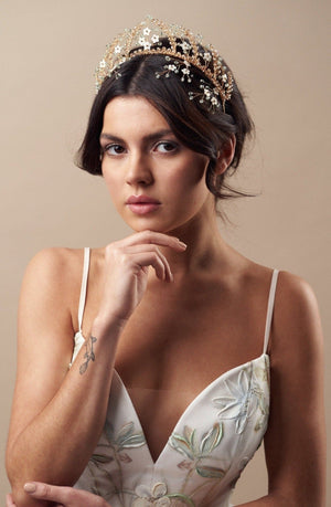 Green and Gold crystal flower wedding crown with matching hairpins at front - Small Coraline