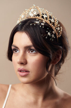 Gold and green crystal floral bridal crown with coordinating hairpins - Small Coraline