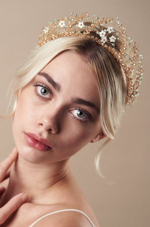 Gold and green crystal floral bridal crown - Small Coraline