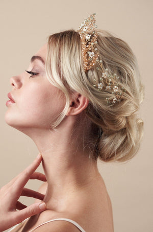 Green and gold crystal floral bridal crown with matching hairpins