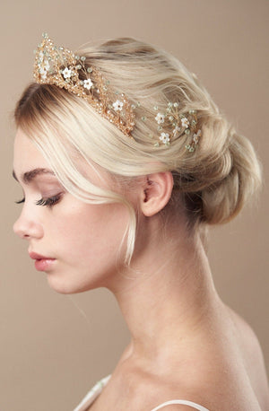 Green and gold crystal floral bridal crown with matching hairpins