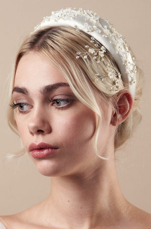 Embellished floral ivory padded headband with crystals and pearls and matching hairpins