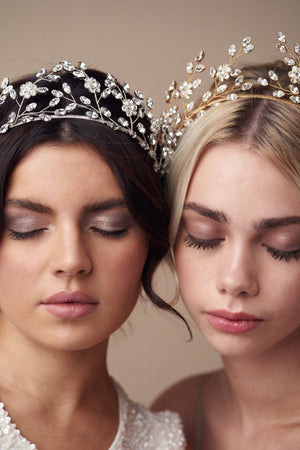 models wear silver and gold versions of crystal flower crown - Mabel