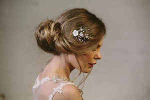 silver wedding comb with mother of pearl carved flowers, pearls and clear round faceted crystals