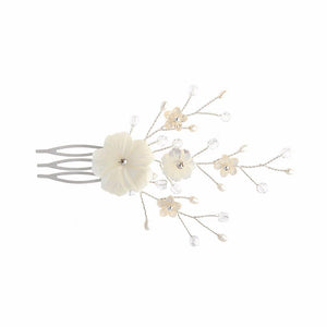 silver wedding comb with mother of pearl carved flowers, pearls and clear round faceted crystals