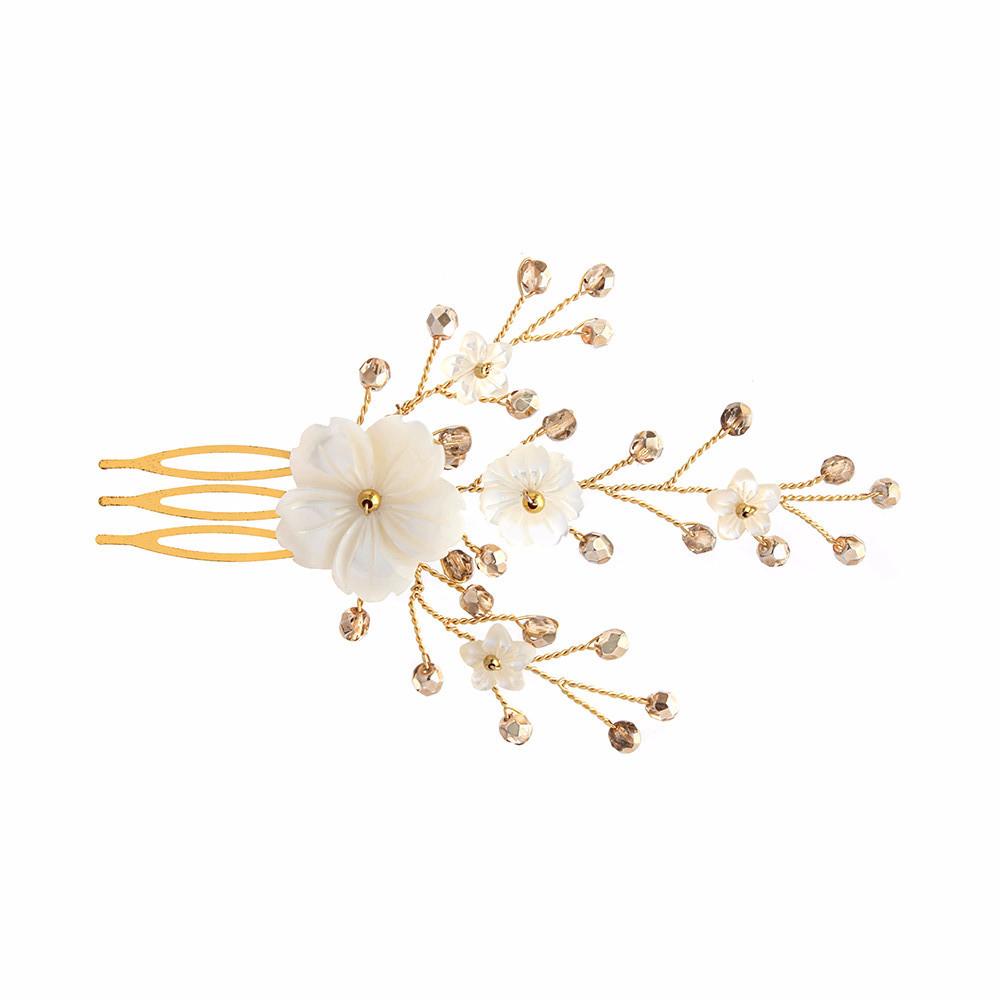 Imogen gold crystal and mother of pearl flower wedding comb