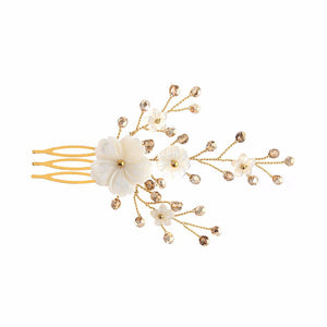 gold wedding comb with mother of pearl carved flowers and antique gold faceted round crystals
