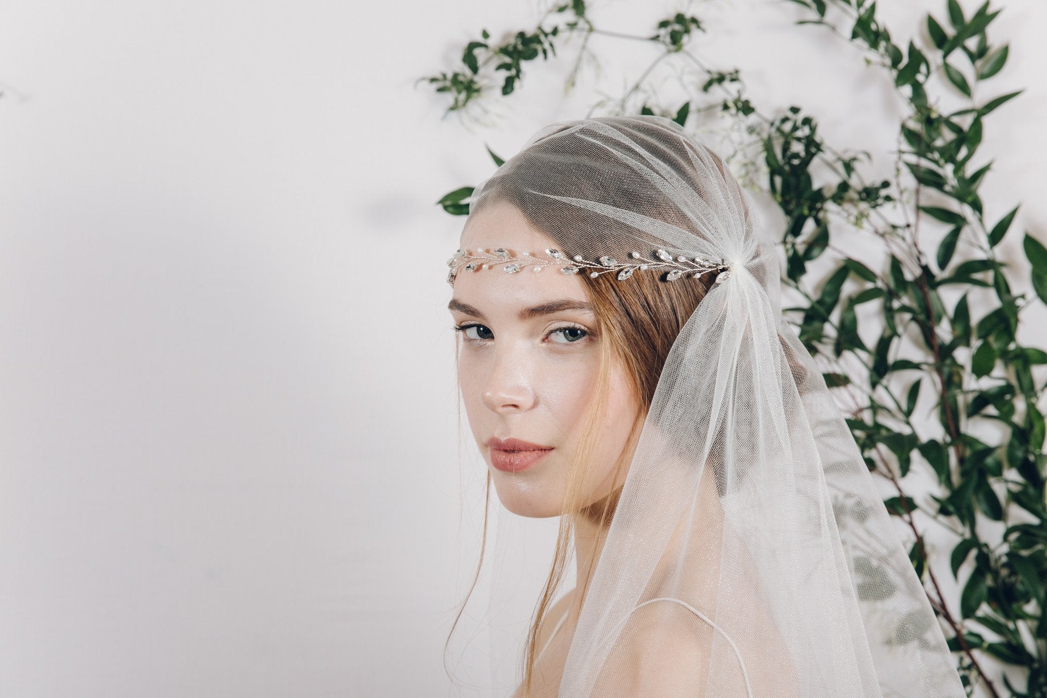 Crystal and pearl wedding forehead band with Juliet Cap veil