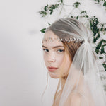 Crystal and pearl wedding forehead band with Juliet Cap veil