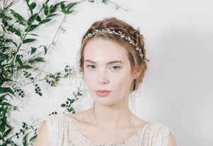 Delicate crystal and pearl wedding ribbon tie tiara