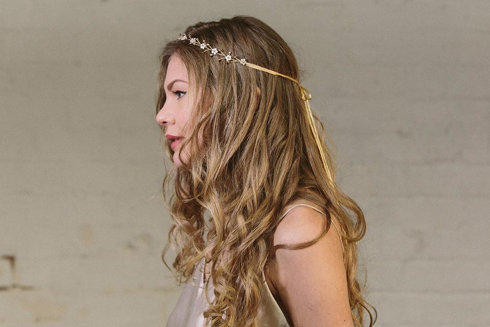 Isabella gold floral crystal wedding ribbon tie headband