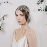 Woodland style silver bridal ribbon tie headband with Juliet Cap veil