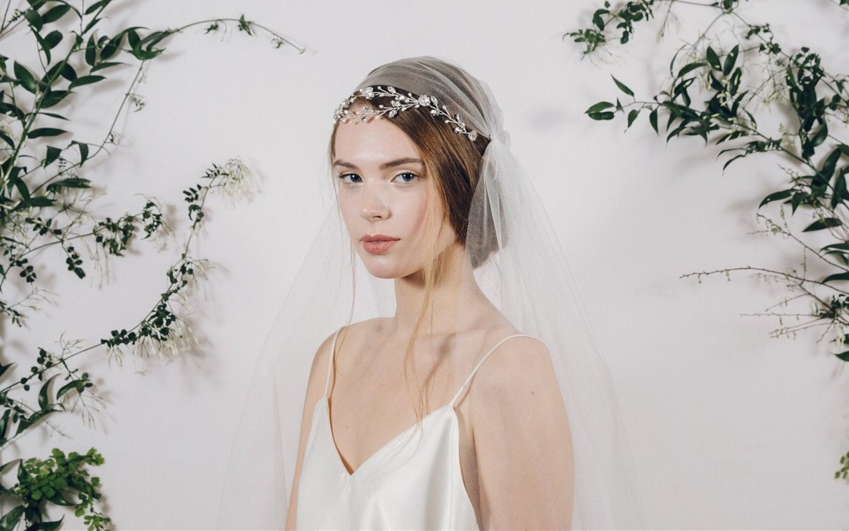 Woodland style silver bridal ribbon tie headband with Juliet Cap veil