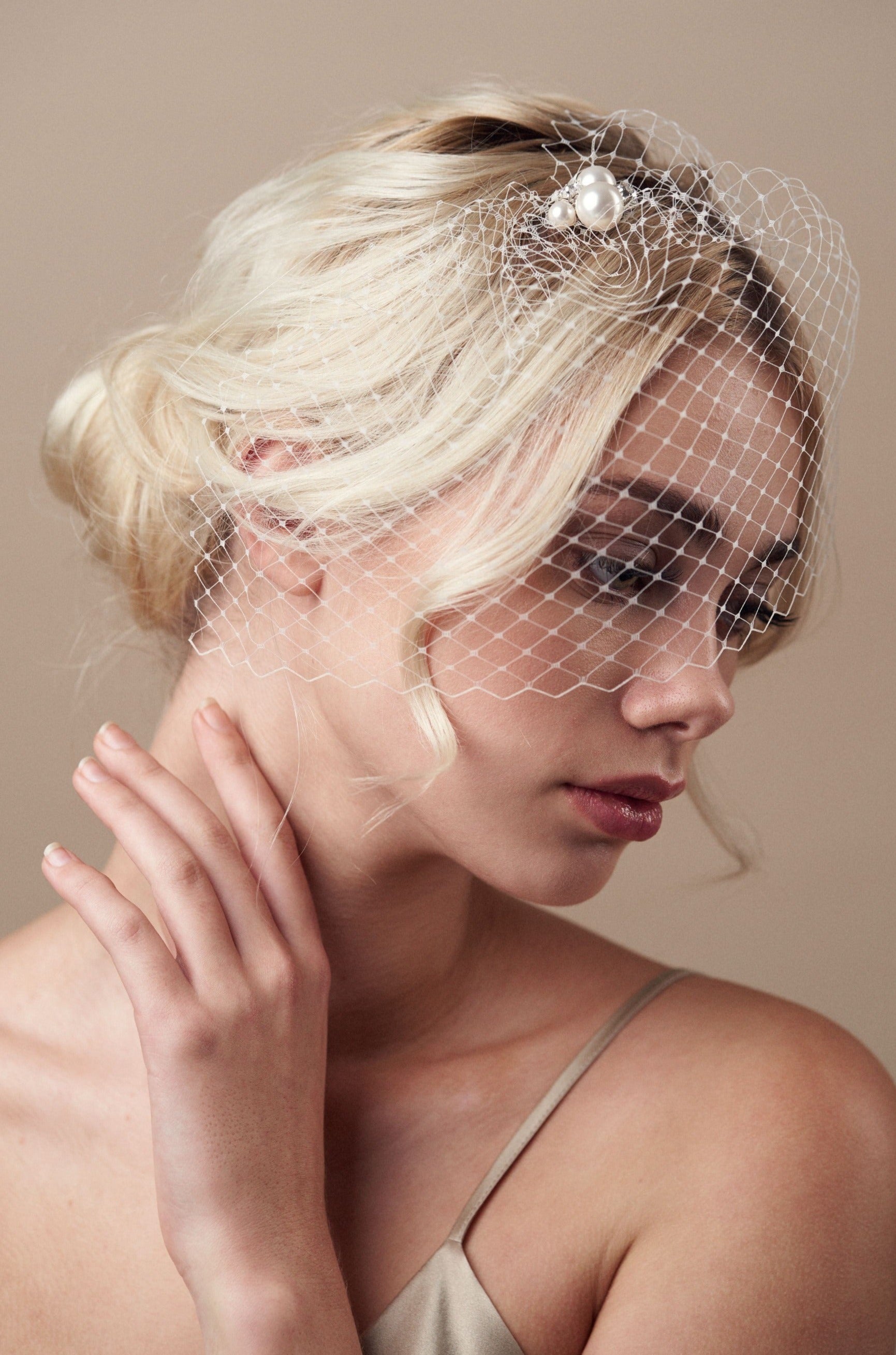 Short birdcage veil styled with pearl and star hairpin