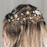 Gold mother of pearl flower bohemian crown intertwined woven wedding hairvine - Katarina