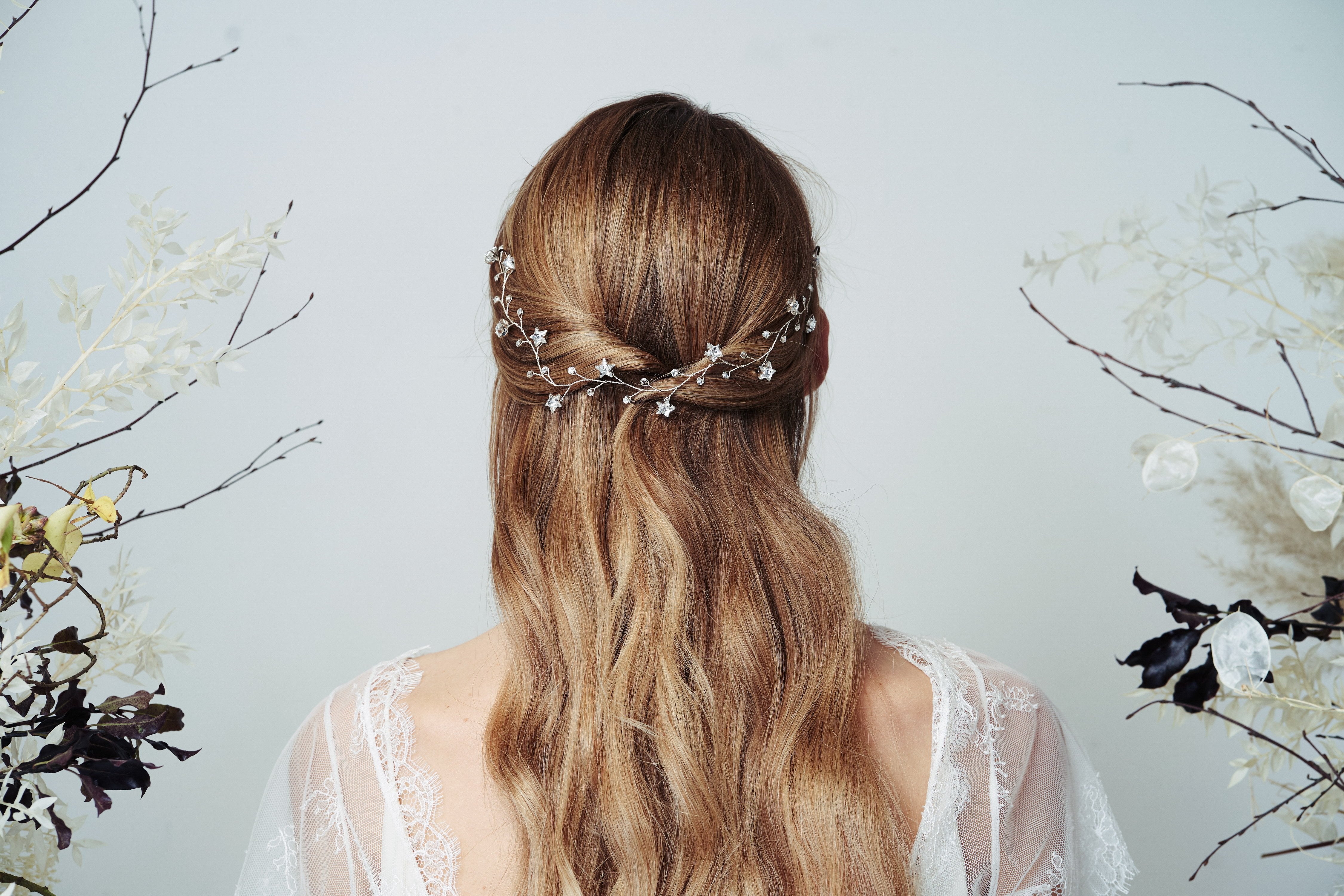 Swarovski star bridal hairvine Larissa worn with half up do