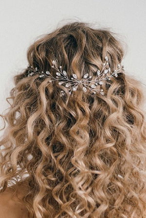 Modern boho Swarovski Crystal silver leafy long wedding hair vine - Lily
