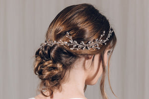 Modern boho Swarovski Crystal silver leafy long wedding hair vine - Lily