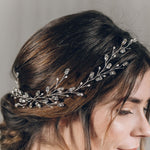 Modern boho Swarovski Crystal silver leafy long wedding hair vine - Lily