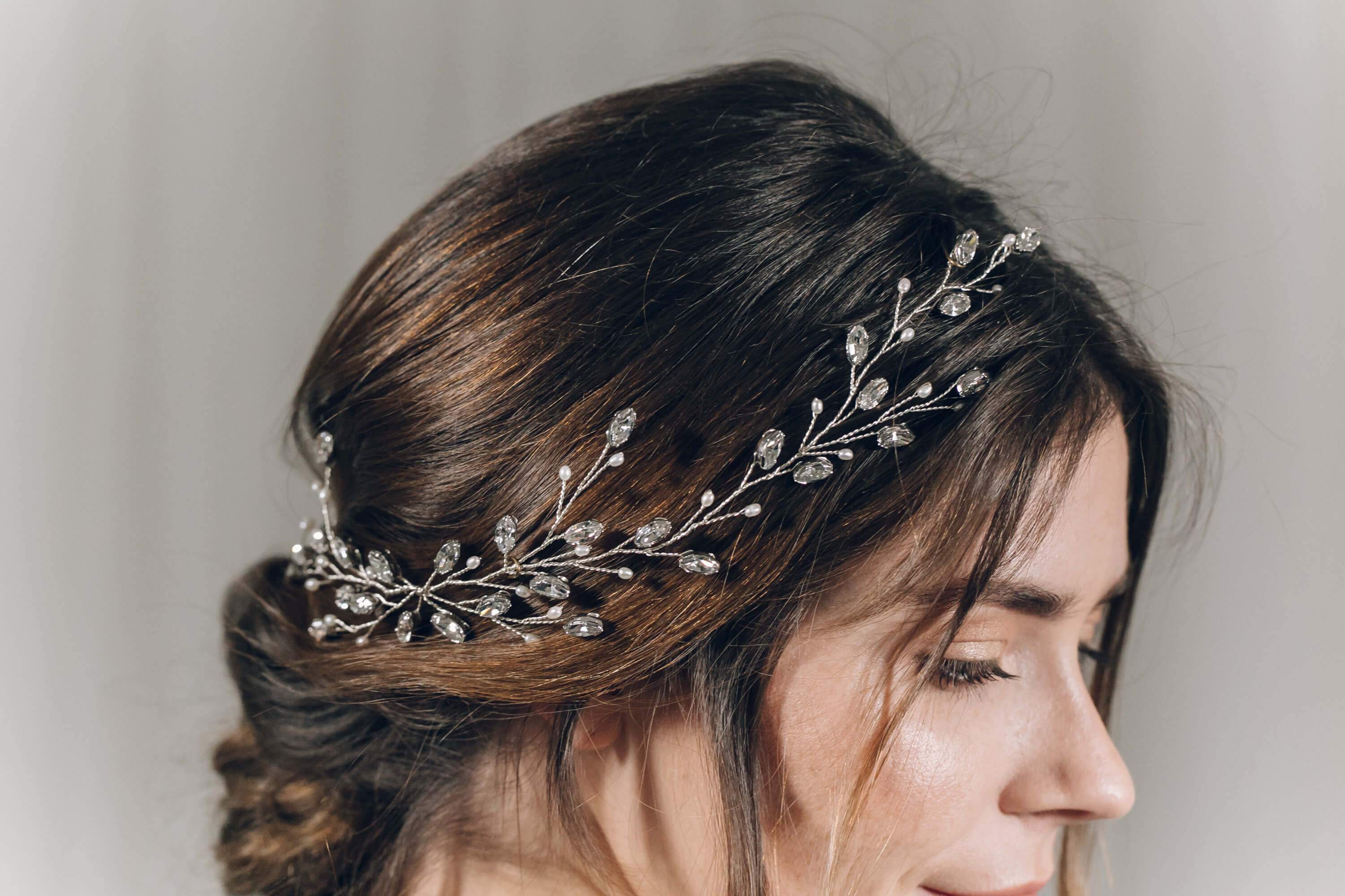 Modern boho Swarovski Crystal silver leafy long wedding hair vine - Lily