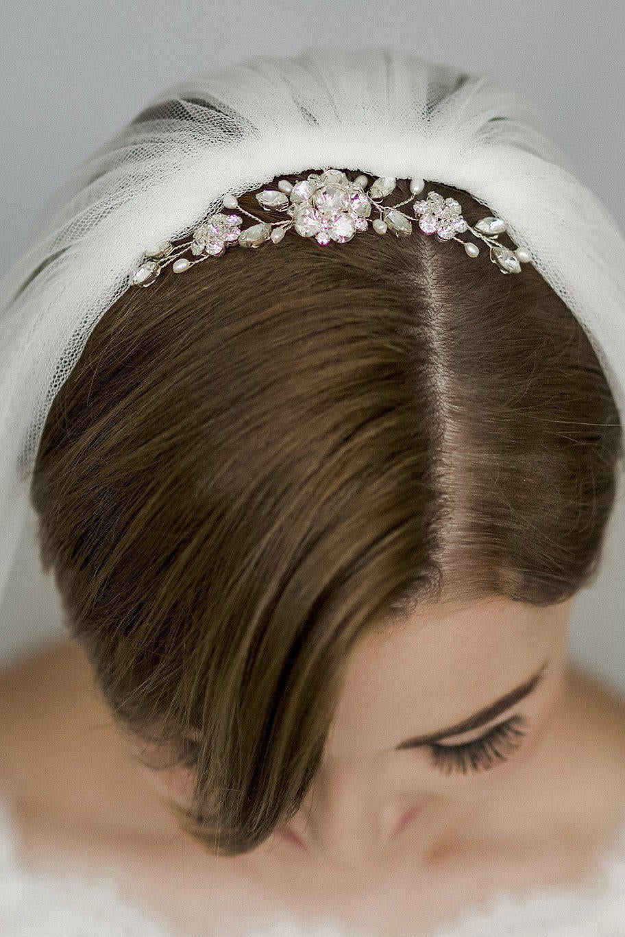 Silver crystal and pearl wedding veil comb - Lucille