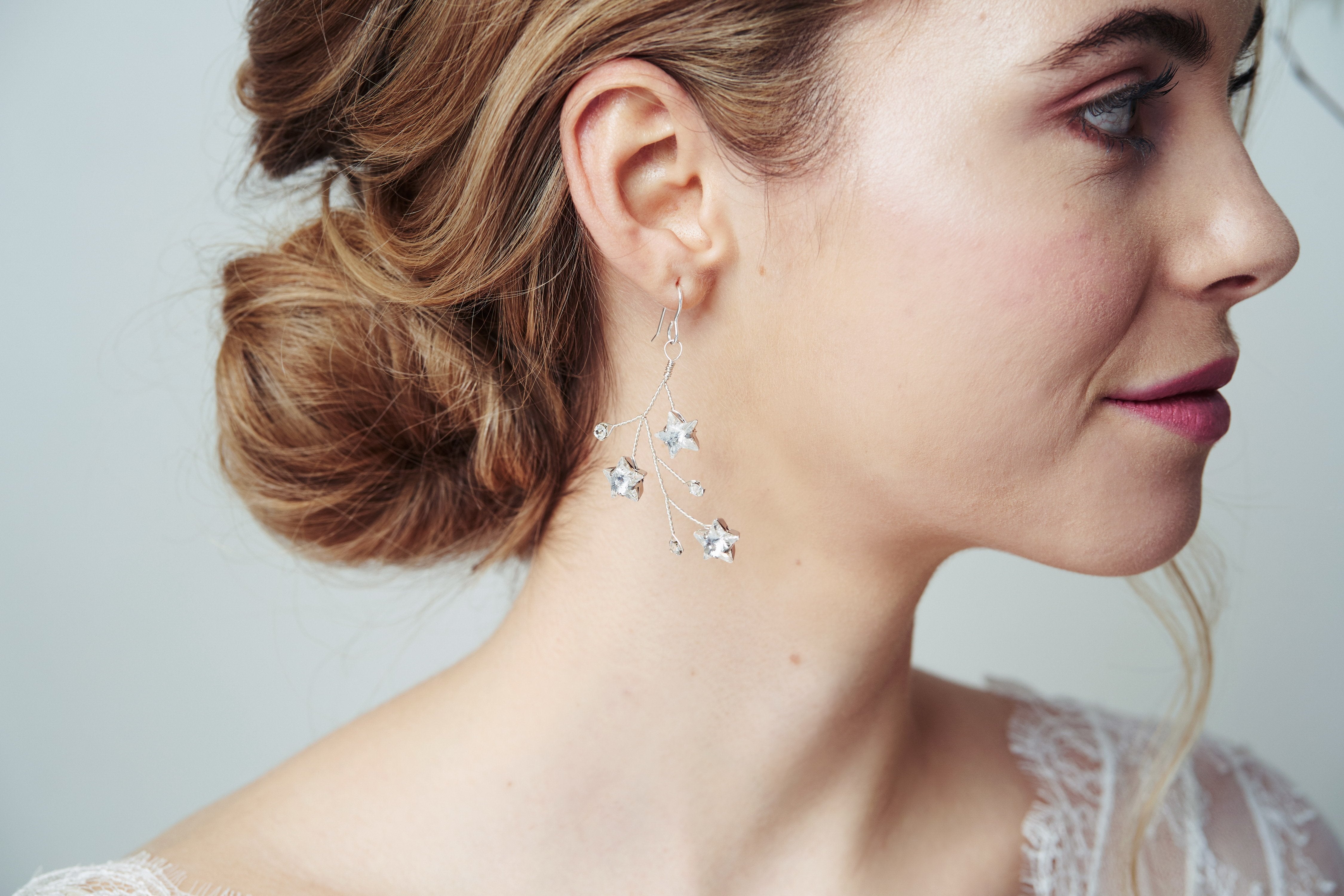 Silver Lunaria Swarovski Crystal star wedding earrings by Debbie Carlisle Moonlight collection