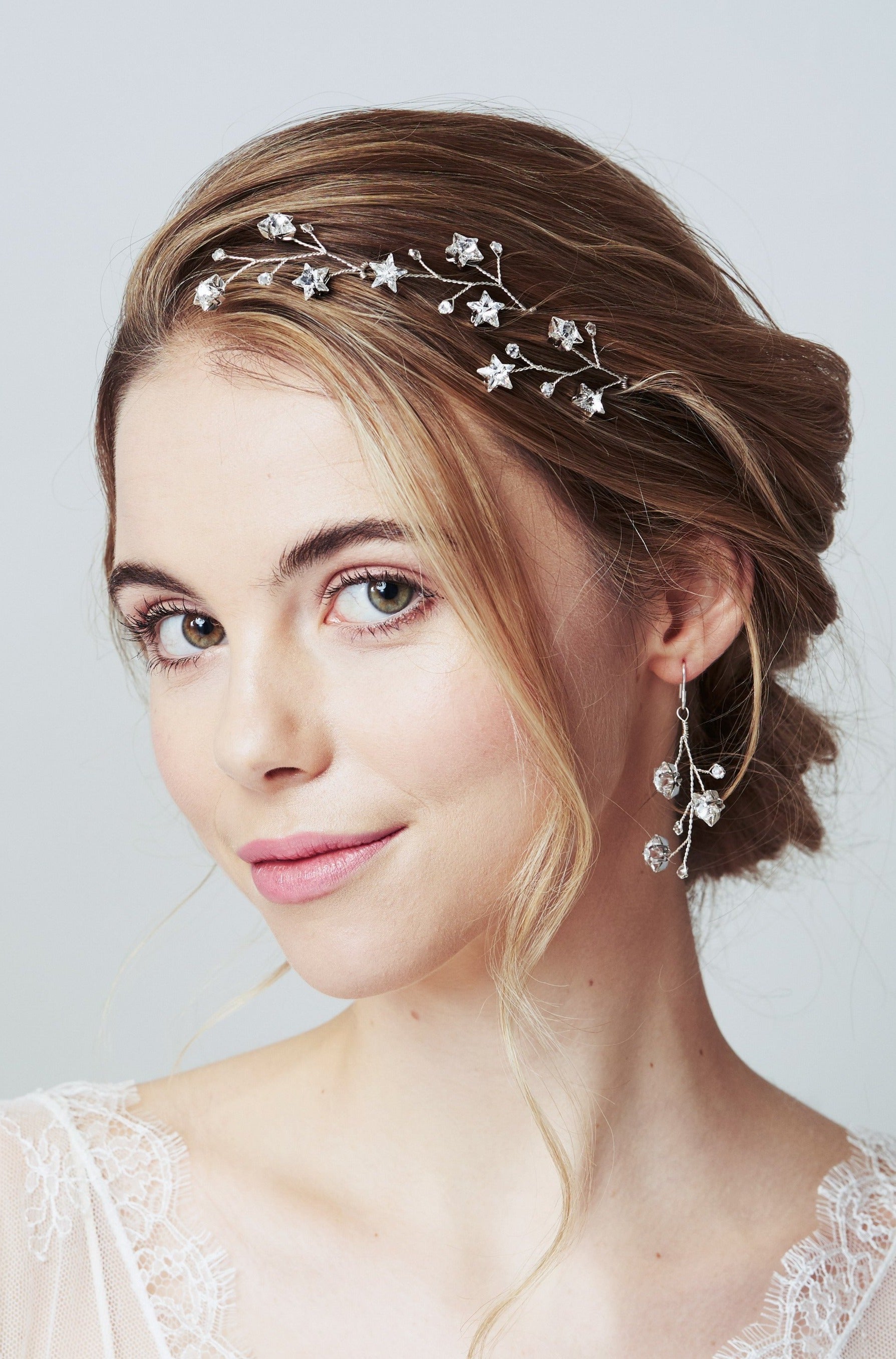 Silver Swarovski Crystal star wedding hairpins trio set Lunaria and bridal earrings