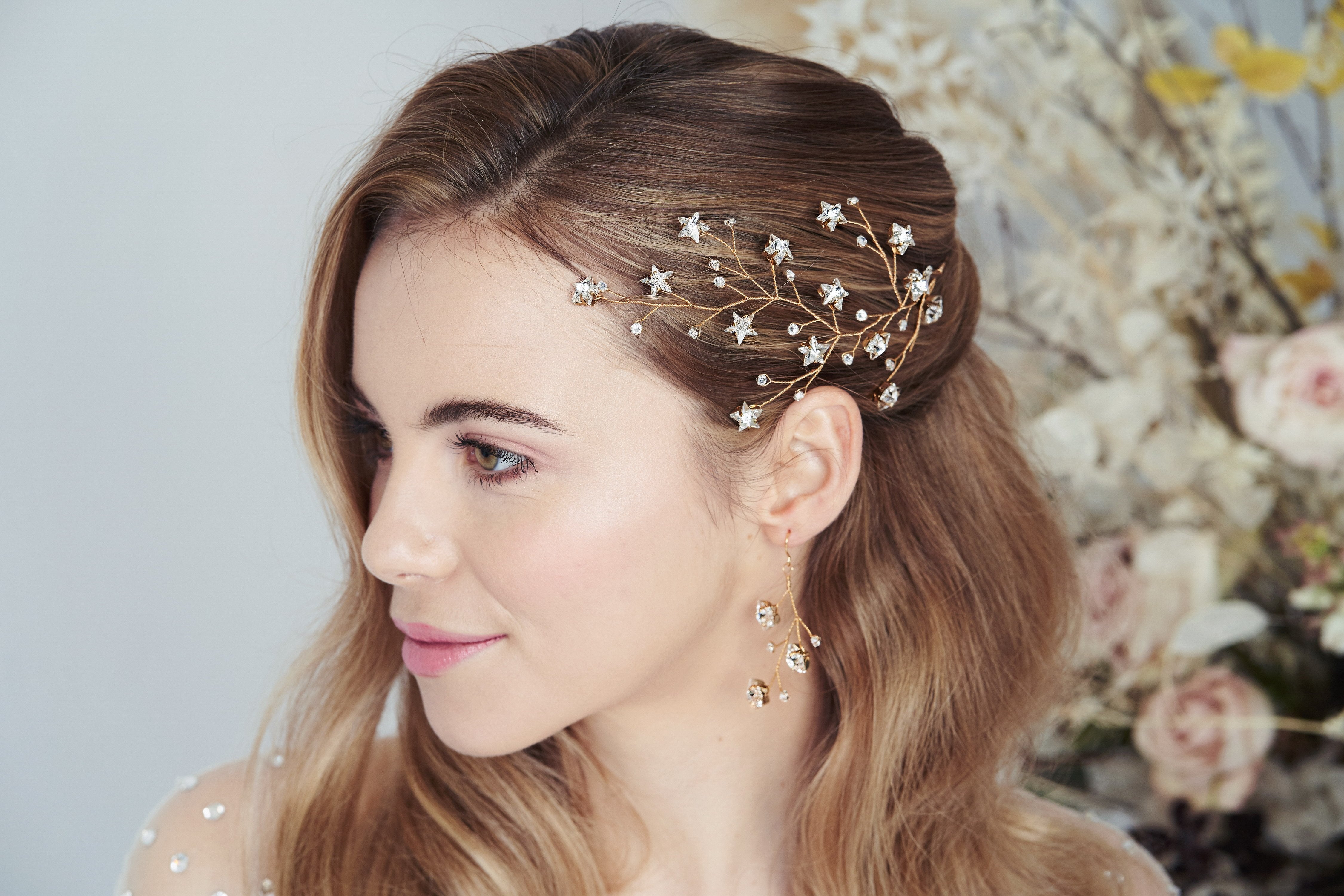 Gold Swarovski Crystal star hairvine and earrings set by Debbie Carlisle