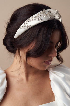 Silver and ivory padded headband with luxury crystal botanical design