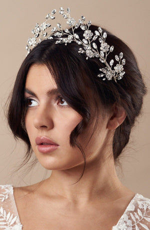 Silver crystal flower crown with matching hairpins - Mabel