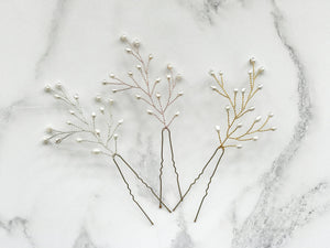 Large freshwater pearl babies breath wedding hair pins - May (l-r silver, rose gold, gold)
