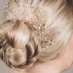 Rose gold large freshwater pearl babies breath bridal hair pin trio - May