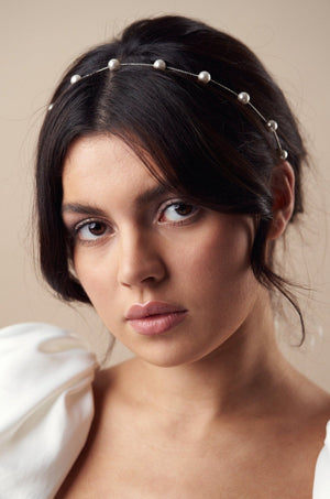 Simple pearl silver headband with ribbon tie - Pru