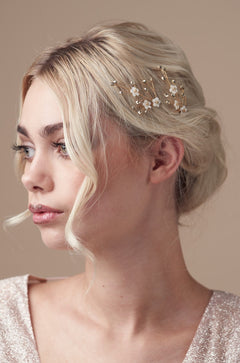 Flower wedding hairpins trio set in mother of pearl and antique gold crystal 
