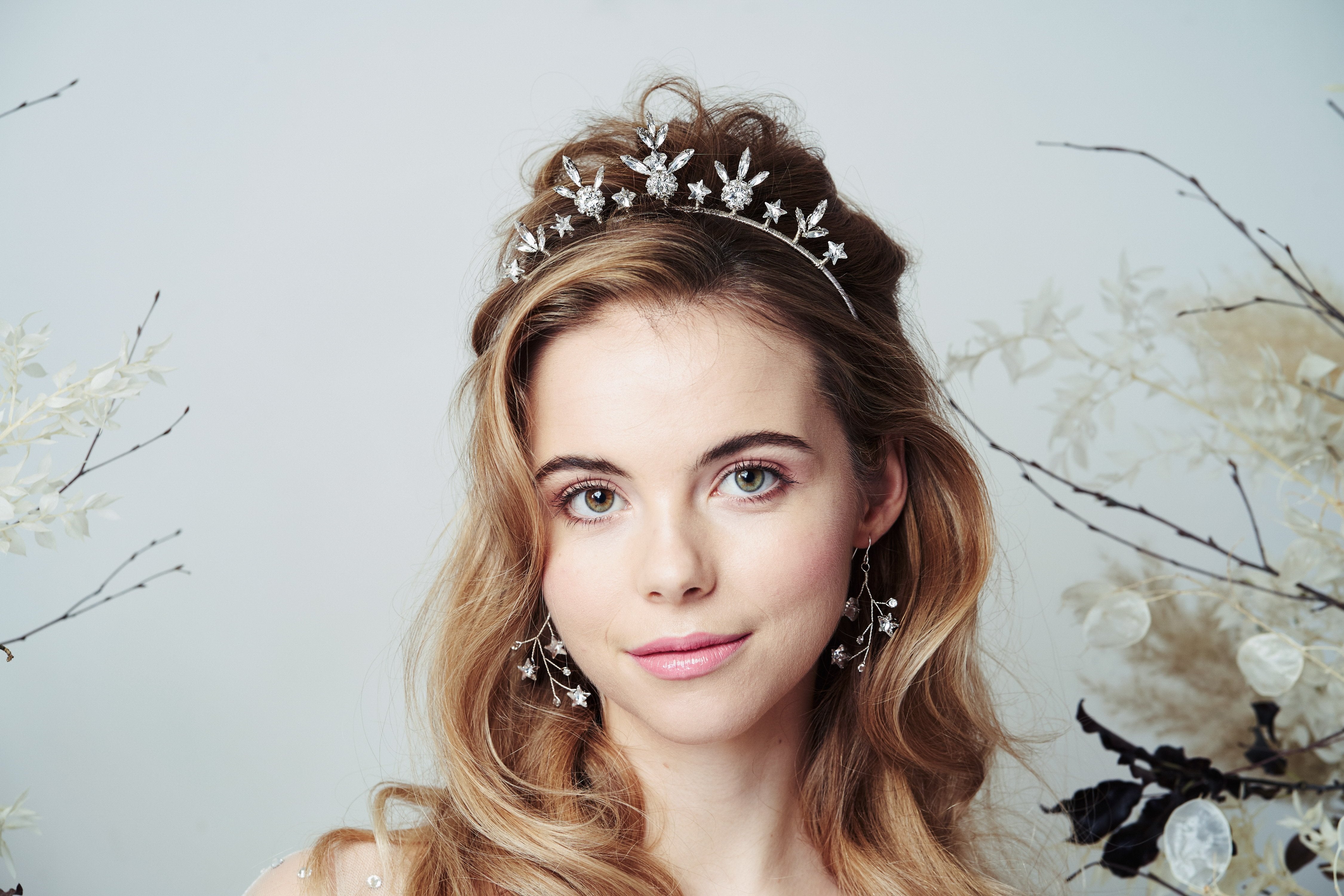 Orion celestial crown worn with Lunaria Swarovski Crystal celestial earrings in silver