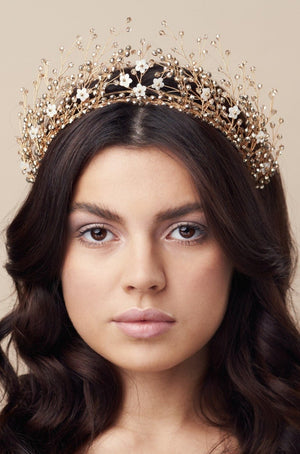 Two gold stacked crowns - worn together - Maeve clear gold crystal crown and Large Coraline antique gold crown