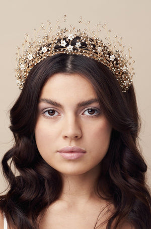 Stacked crowns - gold crystal Maeve crown with gold Coralie floral crown