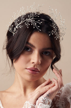 Simple pearl wedding hair pins set - Haillie - worn with matching large May hairpins and Maeve crown