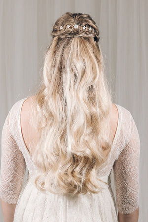 Small gold mother of pearl flower bridal hair vine for back of updo or half up hair - Phoebe