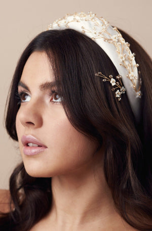 Embellished floral ivory and gold padded headband with crystals and mother of pearl and matching hairpins