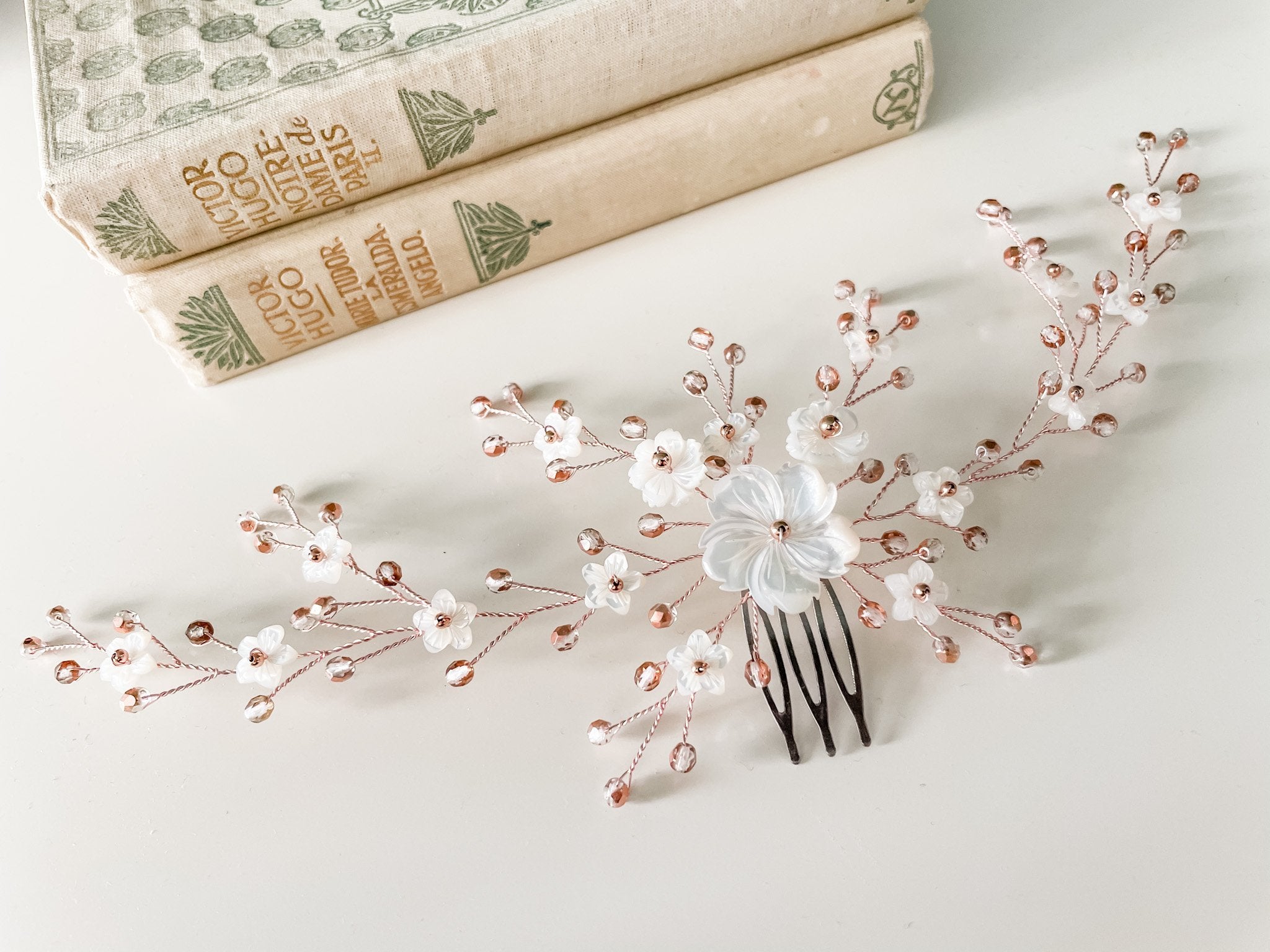 Rose gold hairvine with mother of pearl ivory flowers