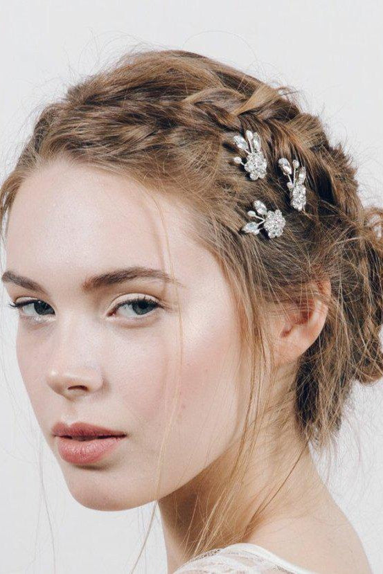 Saffron silver crystal and pearl hair pins trio