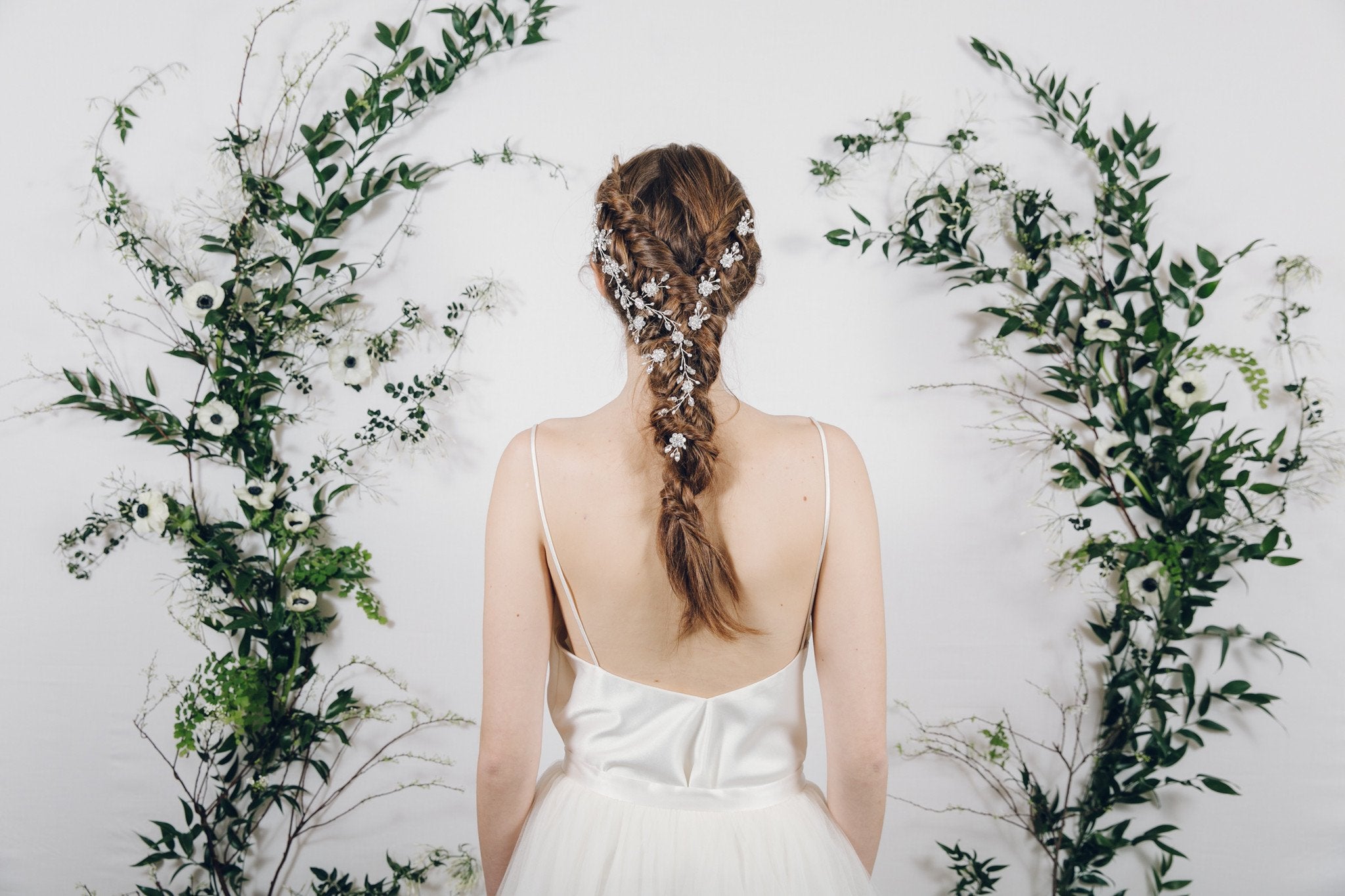 Dutch braid plait with crystal wedding hair vine and bridal hair pins