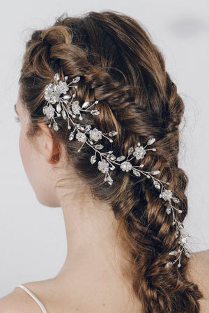 Silver boho crystal and pearl trailing wedding hair vine comb - Scarlett