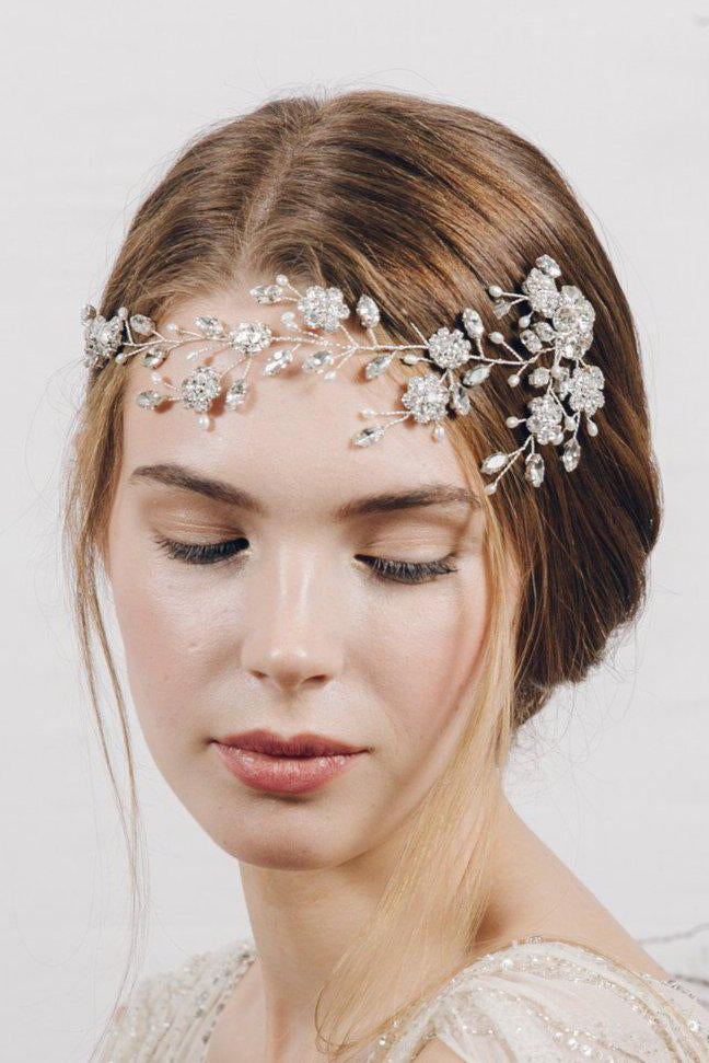 Silver boho crystal and pearl trailing wedding hair vine comb - Scarlett