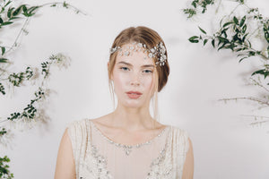 Silver crystal and pearl trailing wedding hair vine forehead band