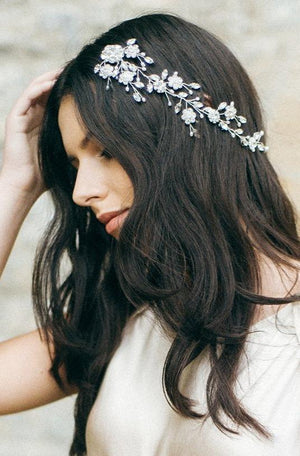 Silver boho crystal and pearl trailing wedding hair vine comb - Scarlett